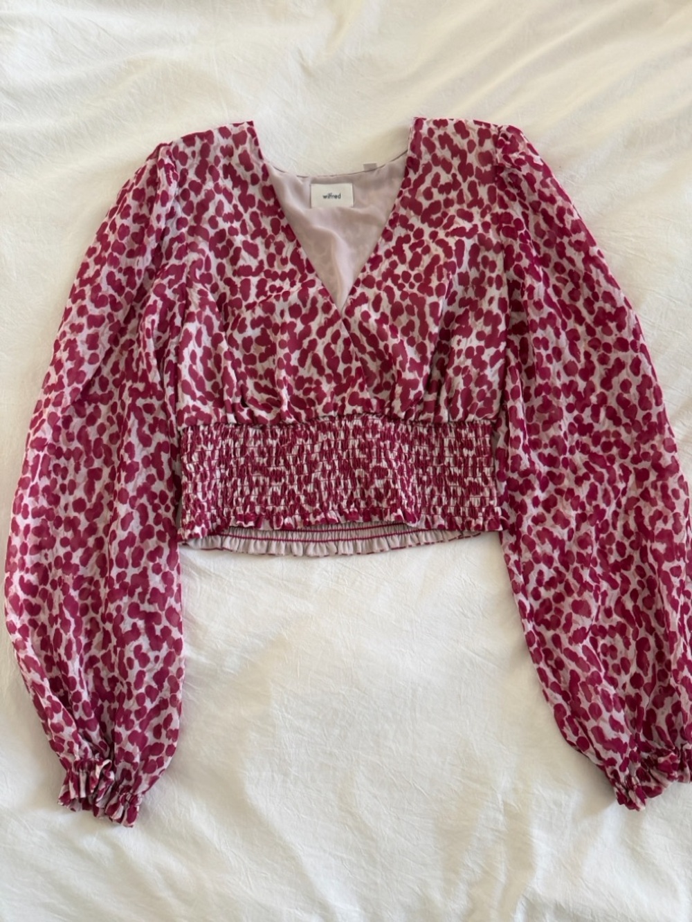 Aritzia Wilfred Wistful Blouse in Light Birch & Deep Magenta Animal Print